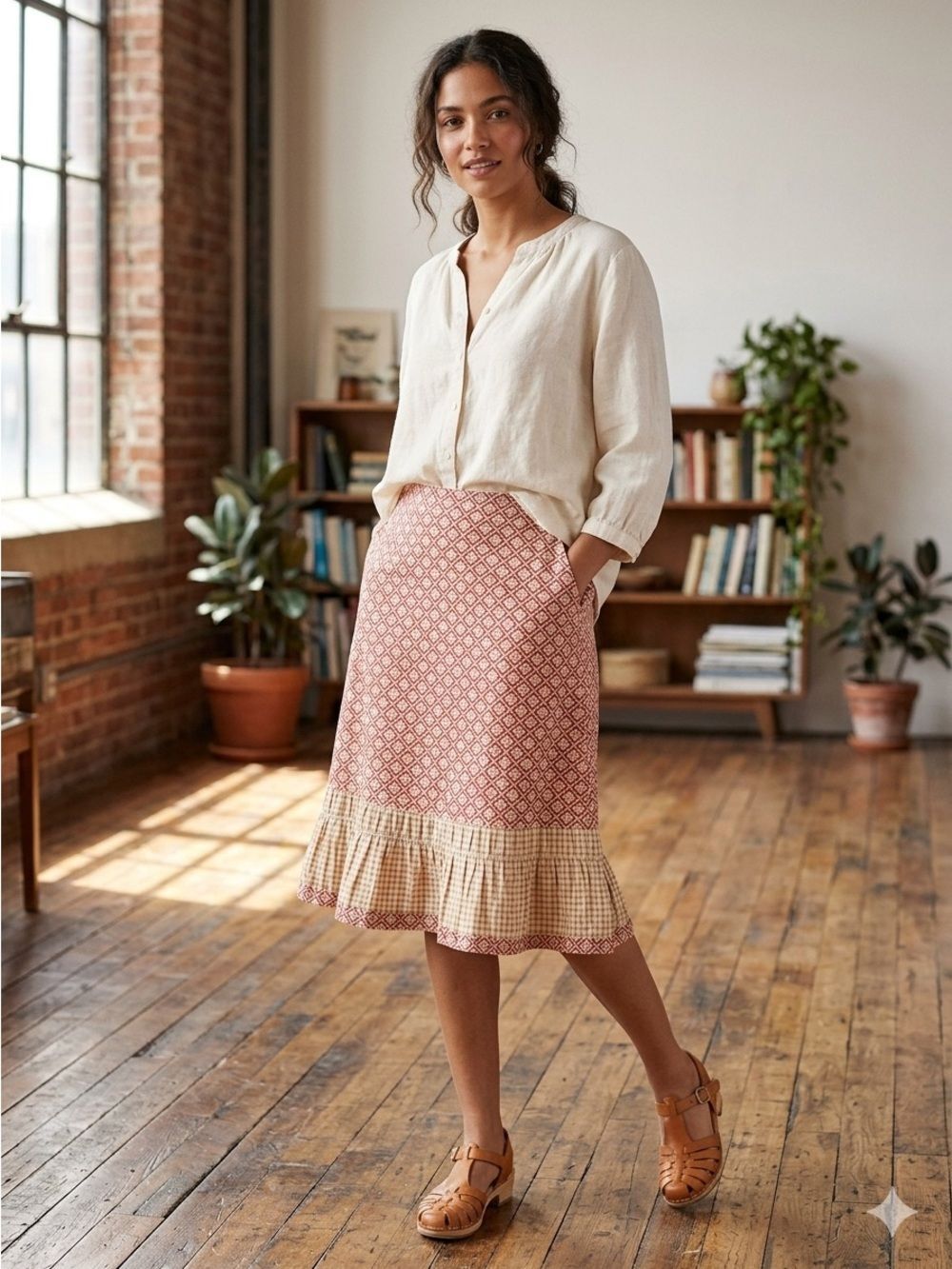 American Eagle Outfitters Red and Cream A-Line Skirt
